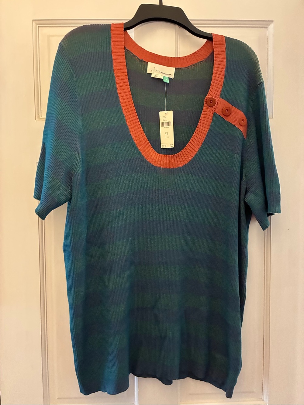 Anthropologie Teal & Navy Striped Short-Sleeve Sweater Rust Trim